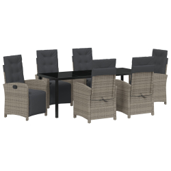 7-częściowy zestaw obiadowy z poduszkami Szary Poli Rattan, Stół Czarny 200x80x73 cm Szkło hartowane