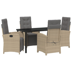 5-częściowy zestaw jadalny z poduszkami Beżowy Poli Rattan, Stół ogrodowy Czarny 140x80x73 cm Szkło hartowane