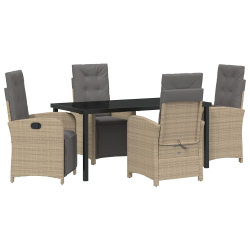 Zestaw 5-częściowy z poduszkami, beżowy poli rattan, Stół ogrodowy czarny 160x80x73 cm, szkło hartowane