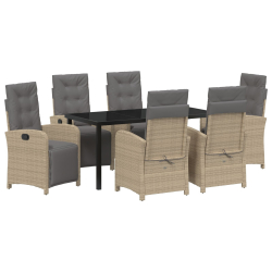 7-częściowy zestaw do jedzenia w ogrodzie z poduszkami – beżowy poli rattan, Stół ogrodowy czarny 160x80x73 cm z hartowanym szkłem