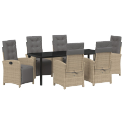 7-częściowy zestaw do jadalni w ogrodzie z poduszkami beżowy rattan polietylenowy, Stół ogrodowy czarny 200x80x73 cm ze szkła hartowanego