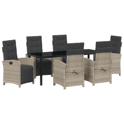 Zestaw jadalny 7-elementowy z poduszkami, Jasnoszary Rattan, Stół ogrodowy Czarny 200x80x73 cm z hartowanego szkła