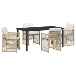 5-częściowy zestaw do jadalni z poduszkami Beżowy Poli Rattan, Czarny stół ogrodowy 160x80x73 cm z hartowanymi szybami