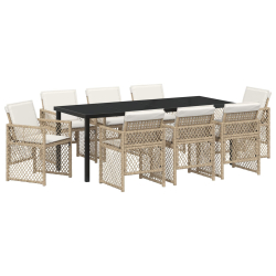 Zestaw 9-częściowy do ogrodu z poduszkami Beżowy Poly Rattan, Stół ogrodowy Czarny 200x80x73 cm Szkło hartowane