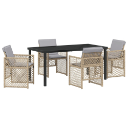 Zestaw 5-częściowy z poduszkami, beżowy rattan, Stół ogrodowy czarny 160x80x73 cm ze szkła hartowanego