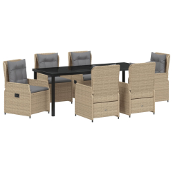 7-częściowy zestaw do jedzenia w ogrodzie Beżowy Poli Rattan, Stół ogrodowy Czarny 200x80x73 cm Szkło Hartowane