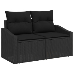 Sofa ogrodowa 2-osobowa z pojemnikiem i poduszkami czarna polirattan