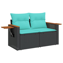 Sofa ogrodowa z poduszkami, 2-osobowa, czarna, polirattan