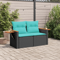 Sofa ogrodowa z poduszkami, 2-osobowa, czarna, polirattan