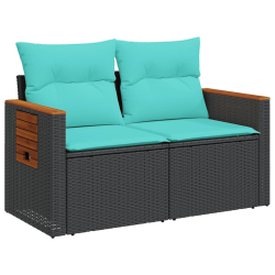 Sofa ogrodowa z poduszkami, 2-osobowa, czarna, polirattan