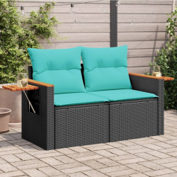 Sofa ogrodowa z poduszkami, 2-osobowa, czarna, polirattan
