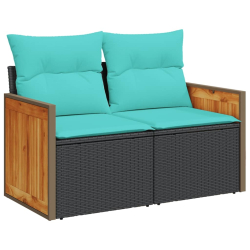 Sofa ogrodowa z poduszkami, 2-osobowa, czarna, polirattan