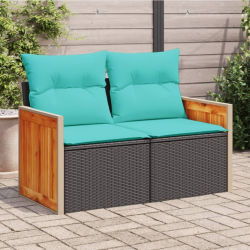 Sofa ogrodowa z poduszkami, 2-osobowa, czarna, polirattan