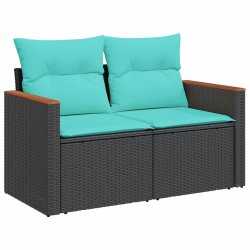Sofa ogrodowa z poduszkami, 2-osobowa, czarna, polirattan