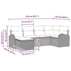 Zestaw 6-elementowy sofa ogrodowa z jasnoszarymi poduszkami z poli rattan