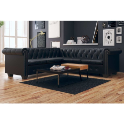 Sofa narożna Chesterfield 5-osobowa Czarna sztuczna skóra