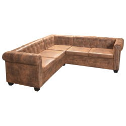 Sofa narożna Chesterfield 5-osobowa Brązowa sztuczna skóra