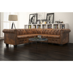 Sofa narożna Chesterfield 5-osobowa Brązowa sztuczna skóra