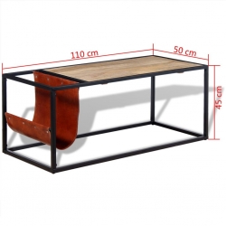 Stolik kawowy ze skórzanym uchwytem na czasopisma 110x50x45 cm