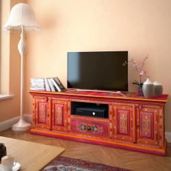 Szafka pod telewizor, drewno mango, różowa, ręcznie malowana