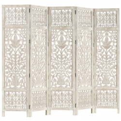 Parawan 5-panelowy, rzeźbiony, biały, 200x165 cm, drewno mango