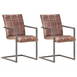 Krzesła stołowe, wspornikowe, 2 szt., brąz, skóra naturalna
