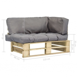 Sofa ogrodowa z palet z szarymi poduszkami, sosnowe drewno