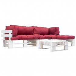 4-częściowy zestaw mebli z palet, czerwone poduszki, drewno