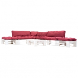 6-częściowy zestaw mebli z palet, czerwone poduszki, drewno