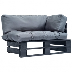 Sofa ogrodowa z palet z szarymi poduszkami, sosna