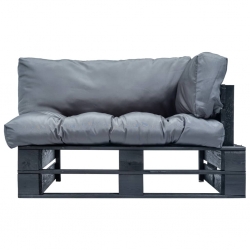 Sofa ogrodowa z palet z szarymi poduszkami, sosna