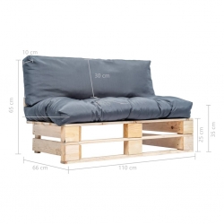Sofa ogrodowa z palet z szarymi poduszkami, sosna