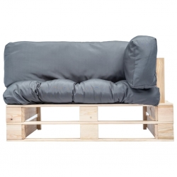 Sofa ogrodowa z palet z szarymi poduszkami, sosna