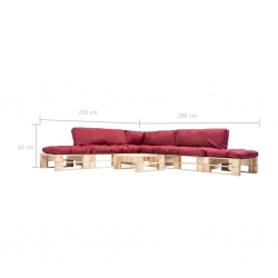 6-cz. zestaw ogrodowy, czerwone poduszki, palety z drewna