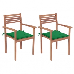 Krzesła ogrodowe, 2 szt., zielone poduszki, lite drewno tekowe
