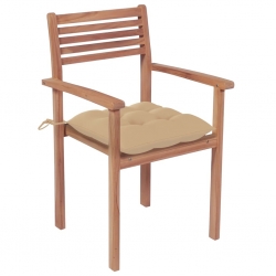 Krzesła ogrodowe, 4 szt., beżowe poduszki, drewno tekowe