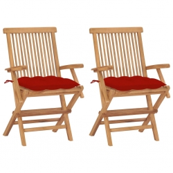 Krzesła ogrodowe z czerwonymi poduszkami, 2 szt., drewno tekowe