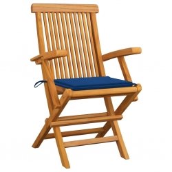 Krzesła ogrodowe, kobaltowe poduszki, 3 szt., drewno tekowe