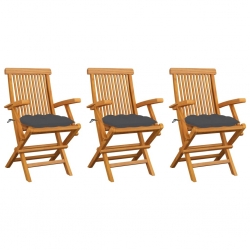 Krzesła ogrodowe, antracytowe poduszki, 3 szt., drewno tekowe