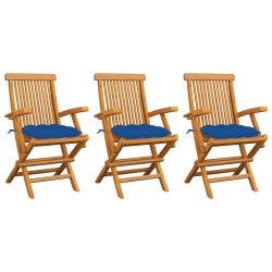 Krzesła ogrodowe, niebieskie poduszki, 3 szt., drewno tekowe