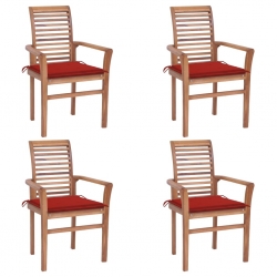 Krzesła stołowe, 4 szt., czerwone poduszki, drewno tekowe
