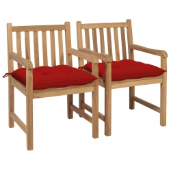 Krzesła ogrodowe, 2 szt., czerwone poduszki, drewno tekowe