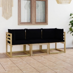 Ogrodowa sofa 3-os. z czarnymi poduszkami