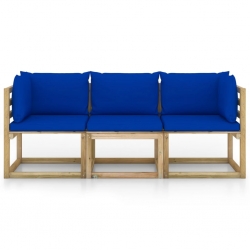 Ogrodowa sofa 3-os. z niebieskimi poduszkami