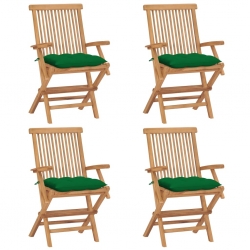 Krzesła ogrodowe z zielonymi poduszkami, 4 szt., drewno tekowe
