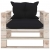 Sofa ogrodowa z palet, z czarnymi poduszkami, drewno sosnowe