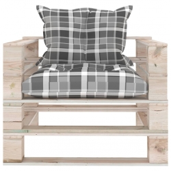 Sofa ogrodowa z palet, z poduszkami w szarą kratę, sosna