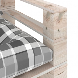 Sofa ogrodowa z palet, z poduszkami w szarą kratę, sosna