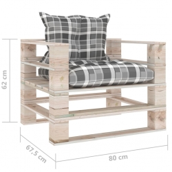 Sofa ogrodowa z palet, z poduszkami w szarą kratę, sosna