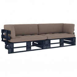 Sofa 2-osobowa z palet, z poduszkami, czarna, drewno sosnowe